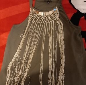 Chic Olive Tank with Gold Fringe Detail